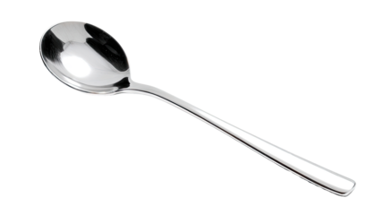 A shiny, stainless steel soup spoon, angled slightly, with a rounded bowl and long, slender handle