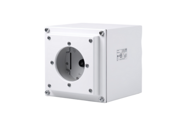 White metal junction box cutout, studio shot, industrial background