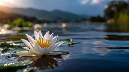 White water lily blooming in a lake at sunset with mountains in the background