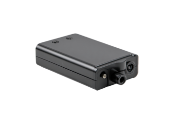 Dark gray rectangular battery-like device.  Two small circular protrusions on top.  Small protrusion on bottom right side