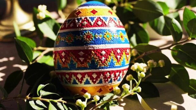 Colorful Easter egg decorated with patterns on green foliage  