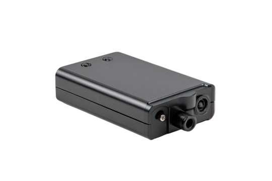 Dark gray rectangular battery-like device.  Two small circular protrusions on top.  Small protrusion on bottom right side