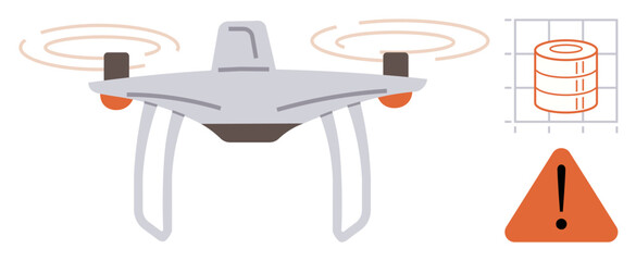 Quadcopter in flight with spinning propellers, adjacent data grid, and warning exclamation symbol. Ideal for technology, surveillance, delivery, data, warnings safety and innovation themes. Simple