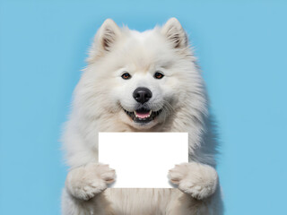 Fluffy samoyed dog holding a blank white sign on a blue background perfect for pet product advertising veterinary promotions or cute animalthemed social media content and marketing use