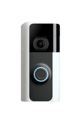 Fototapeta premium A modern white and black video doorbell. It features a rectangular shape with a rounded top and bottom. A lens and a push button are visible. A light blue ring surrounds the button