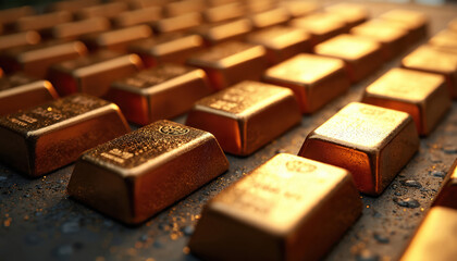 Shiny pure bronze bars in perfect alignment. Polished metal reflects prosperity, stability, durability. Represents wealth, investment, finance, luxury value. Timeless elegance, security in commerce.