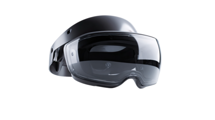 VR headset, gray, clear visor, angled view