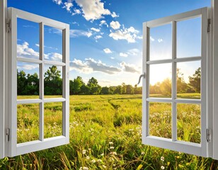 Fototapeta premium A beautiful summer vista seen through an open window reveals a sun-drenched field of wildflowers and tall grass, framed by lush green trees under a vibrant blue sky.