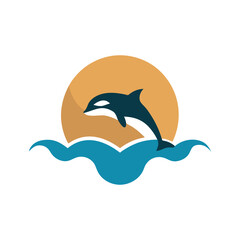 Dynamic orca whale leaping over ocean waves with setting sun logo design