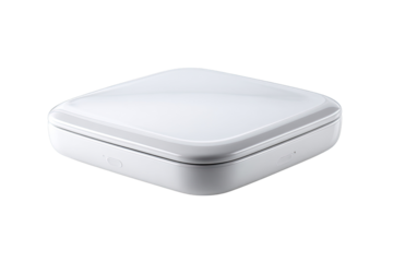 White square portable storage case.  Flat top and bottom, rounded edges.  Small, subtle detail near the corners