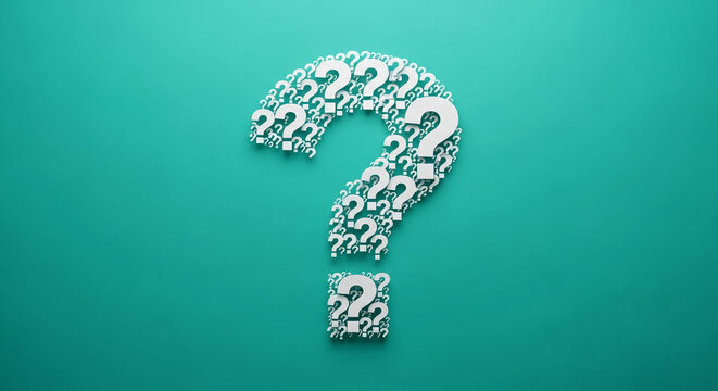 Large question mark formed by smaller question marks on teal background Free space available for text or logo, symbolizing inquiry, uncertainty, or problem-solving - Powered by Adobe