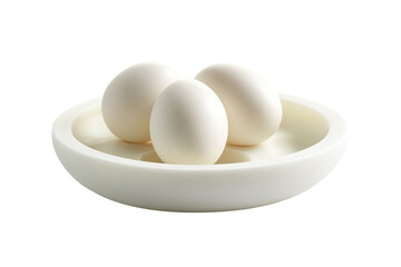 Three eggs in white bowl, kitchen setting, food photography, recipe website