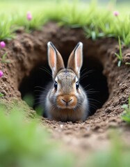 Fototapeta premium Cute brown rabbit peeking from its burrow in grassy field. Small mammal with long ears, whiskers, and curious eyes, nestled in natural habitat. Springtime plants surrounds its cozy earth home.