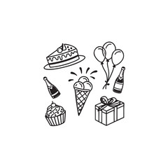 Charming line art doodle icons featuring party food a cake and festive balloons for celebrations and events