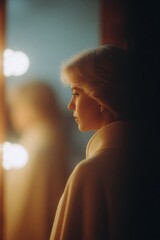 Soft lighting highlights profile of woman, creating an intimate,