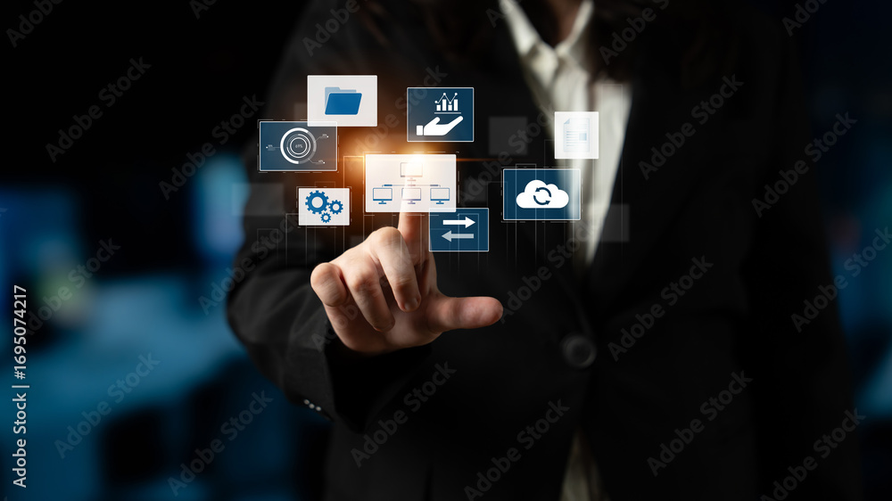 Poster digital business infrastructure with data system, analytics, sync. system management improves access