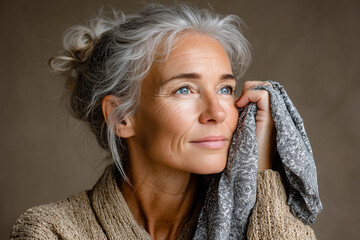 Beautiful mature woman with gray hair holding soft fabric near face and gazing upward with peaceful smile, graceful aging and self-care portrait expressing serenity, wisdom, and confidence