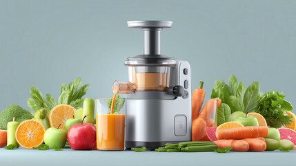 Juicer machine making fresh vegetable and fruit juice on table