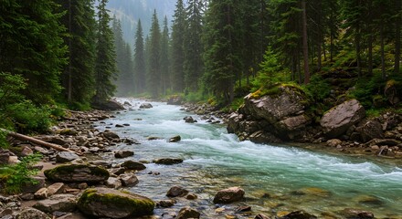 River flowing through a forest with rocks and trees creating a scenic natural environment view