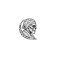 A detailed outline illustration of a mummy face intricately wrapped in bandages for a classic ancient egyptian theme