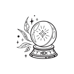 Mystical orb line art design featuring a crystal ball with ethereal glow and celestial accents