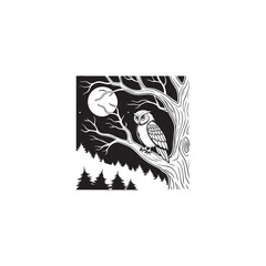 Artistic line drawing of a wise owl perched on a spooky night tree branch