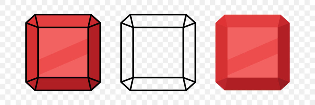 Shiny Red Gemstone Diamond Flat Icon Set with Faceted Gemstone Outline and Glossy Gemstone Crystal, Vector Illustration. Jewelry, Luxury Design, Logo, Decoration, Fashion Accessories, Precious Stones