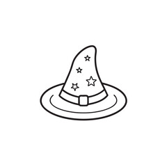 A minimalist outline style graphic design of a witch hat adorned with twinkling stars perfect for magical themed projects