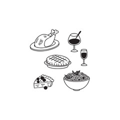 Minimalist doodle icons representing a holiday dinner featuring a turkey and wine glasses for festive celebrations