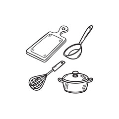 Minimalist doodle style cooking icons featuring a cutting board and ladle for culinary design projects