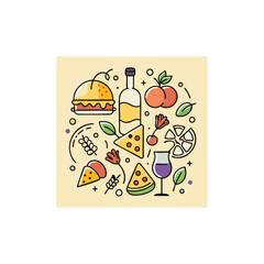 Charming minimalist doodle style illustration set featuring a variety of delicious pizza slices and whole pizzas