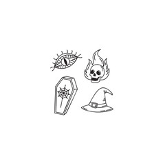 Minimalist horror icon set featuring an evil eye and a burning flame for spooky themed designs