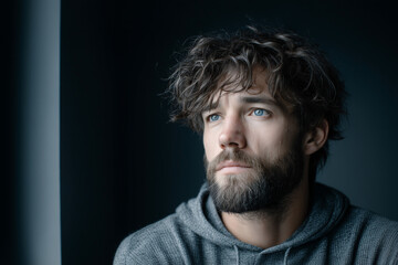 Thoughtful bearded man with curly hair wearing gray hoodie looking out window with serious expression, moody natural light portrait reflecting introspection, solitude, and emotional depth