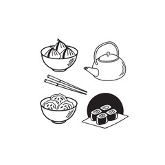 Minimalist sketch style asian food icons featuring dumplings rice bowls and other culinary delights for food businesses