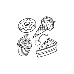 Charming hand drawn sketch collection of delicious desserts featuring donuts cupcakes and ice cream cones