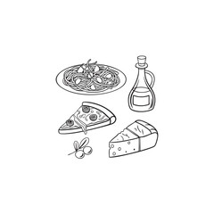 Artistic sketch line art collection of italian food and drink icons for culinary design projects