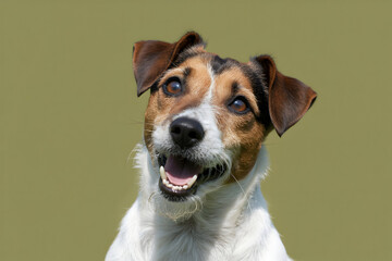 Closeup portrait of a happy Jack Russell Terrier dog with a cheerful expression showcasing its brown and white fur black nose and bright eyes against a soft green background in natural light
