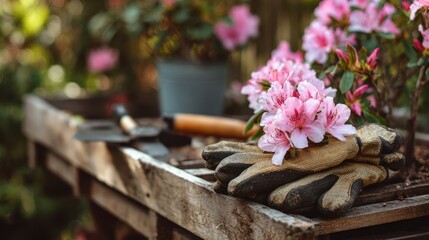 Closeup medium shot of freshly pruned gardening gloves resting on top of a wooden cart with bright blooming flowers and tools softly blurred around.