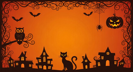 Halloween illustration featuring silhouettes of houses, cat, owl, bats, spider, pumpkin on orange background Framed by swirling vines Free space for text