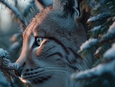 Mysterious Wild Cat Resting in the Winter Forest