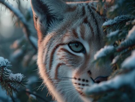 Lynx Hidden Among Snowy Trees with Watchful Eyes