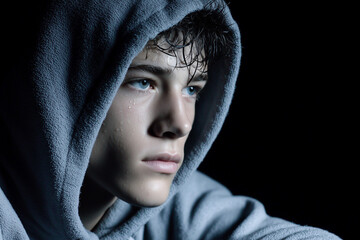 Thoughtful teenage boy wearing gray hoodie looking into distance in dark moody lighting, emotional and introspective portrait symbolizing solitude, mental health, and teenage identity