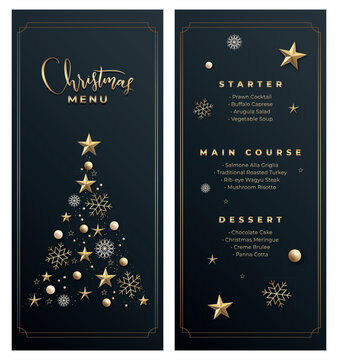 Vector christmas menu template for restaurant on the dark background with golden text and elements. Merry christmas menu printable template	
