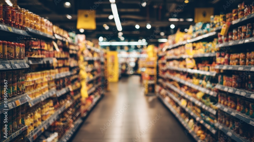Aufkleber medium shot of a grocery store with a grid layout showcasing neatly aligned aisles focusing on the c