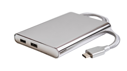 Silver rectangular device with USB-C cable