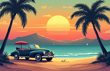 Retro dark blue convertible car parked on sandy beach with palm trees during sunset. Turquoise ocean waves gently wash ashore near mountains under vibrant sky. Tropical vacation vibe.