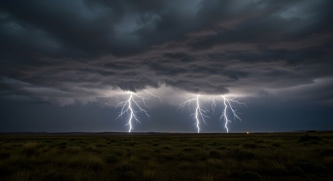 Three bolts of lightning strike the ground under a dark and stormy sky at night over a field landscape - Powered by Adobe