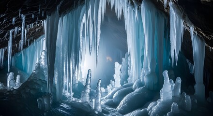 Majestic ice formations create a surreal, frozen wonderland inside a dimly lit cave