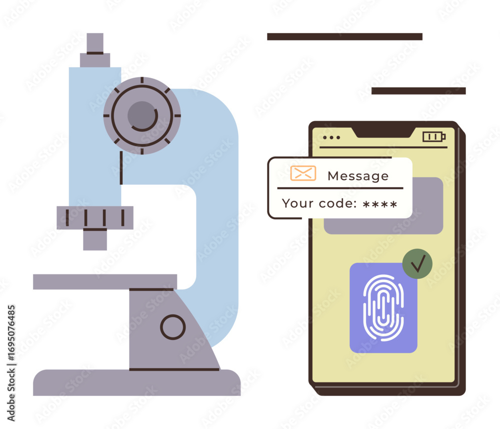Poster microscope next to a smartphone showing biometric fingerprint, message with code. ideal for security