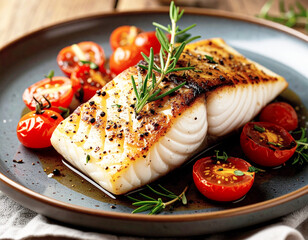 Pan-seared cod, roasted tomatoes with herbs. AI